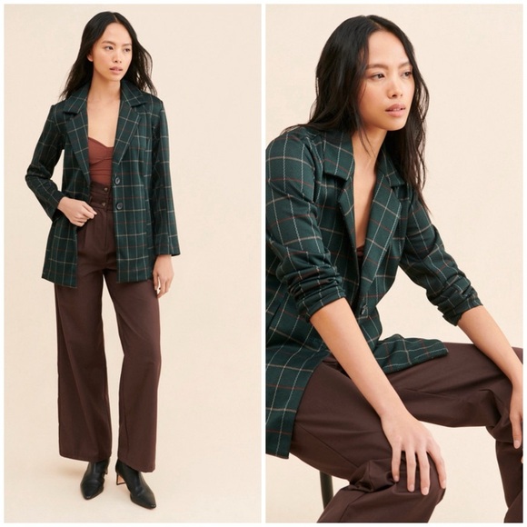 Avec Les Filles • NWT Oversized Knit Plaid Green Plaid Blazer Preppy Academia - Picture 2 of 12
